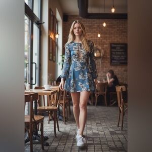 For Love And Lemons Blue Floral Long Sleeve Dress